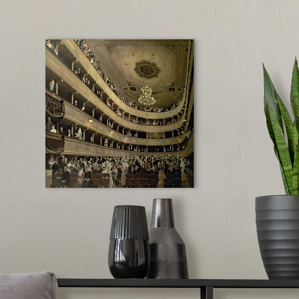 A modern room featuring Classical oil painting of concert hall with balconies filled with people.
