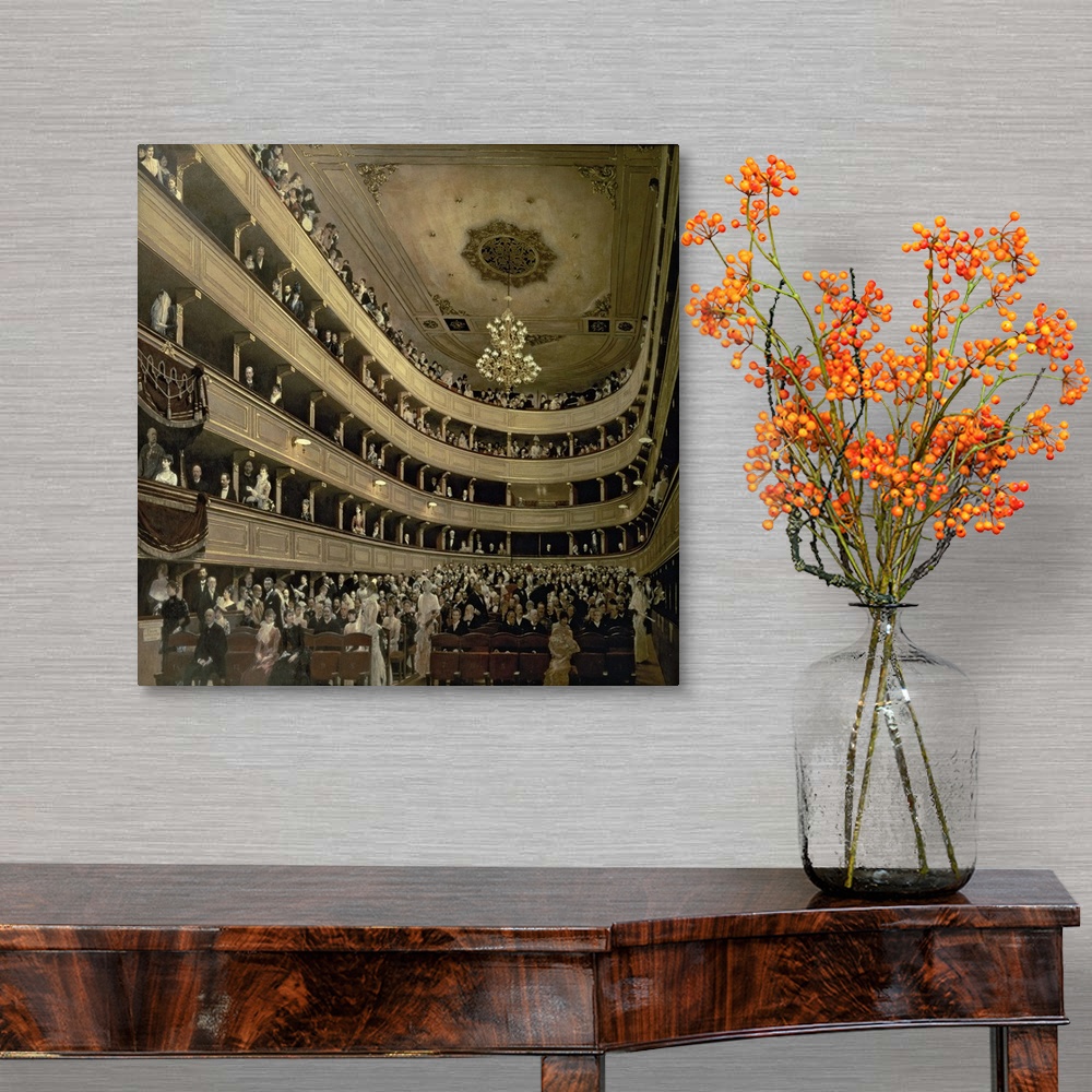 A traditional room featuring Classical oil painting of concert hall with balconies filled with people.