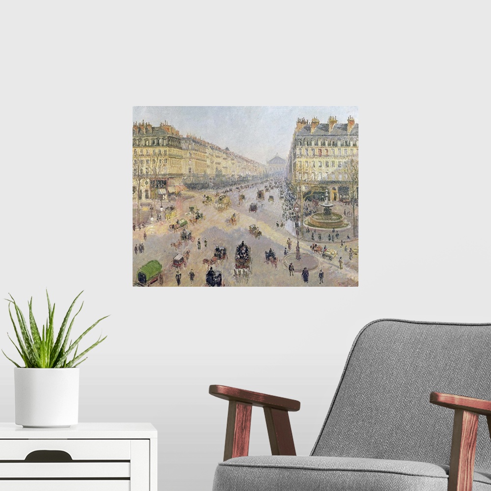 A modern room featuring XIR33701 The Avenue de L'Opera, Paris, Sunlight, Winter Morning, c.1880 (oil on canvas)  by Pissa...