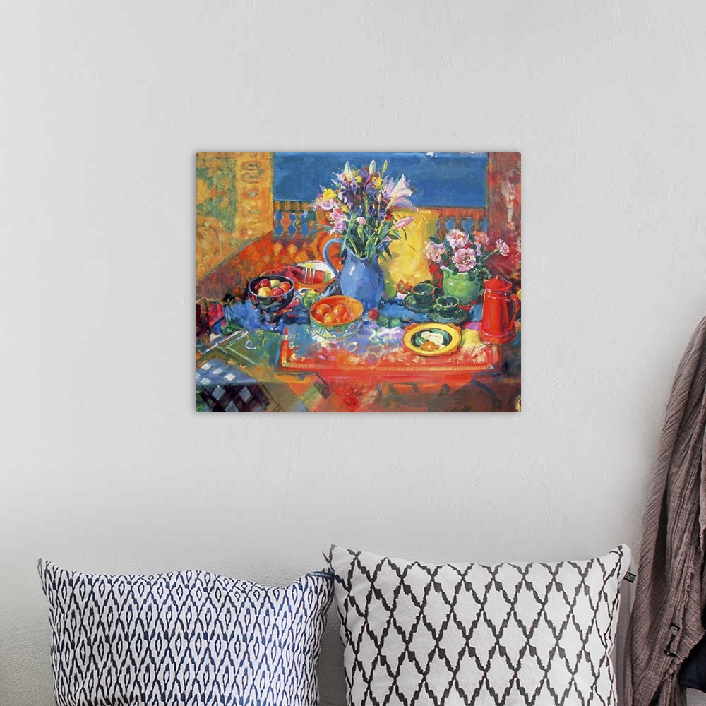 A bohemian room featuring This is a Giclee print of contemporary still life painting of flowers, fruit, patterned textiles,...
