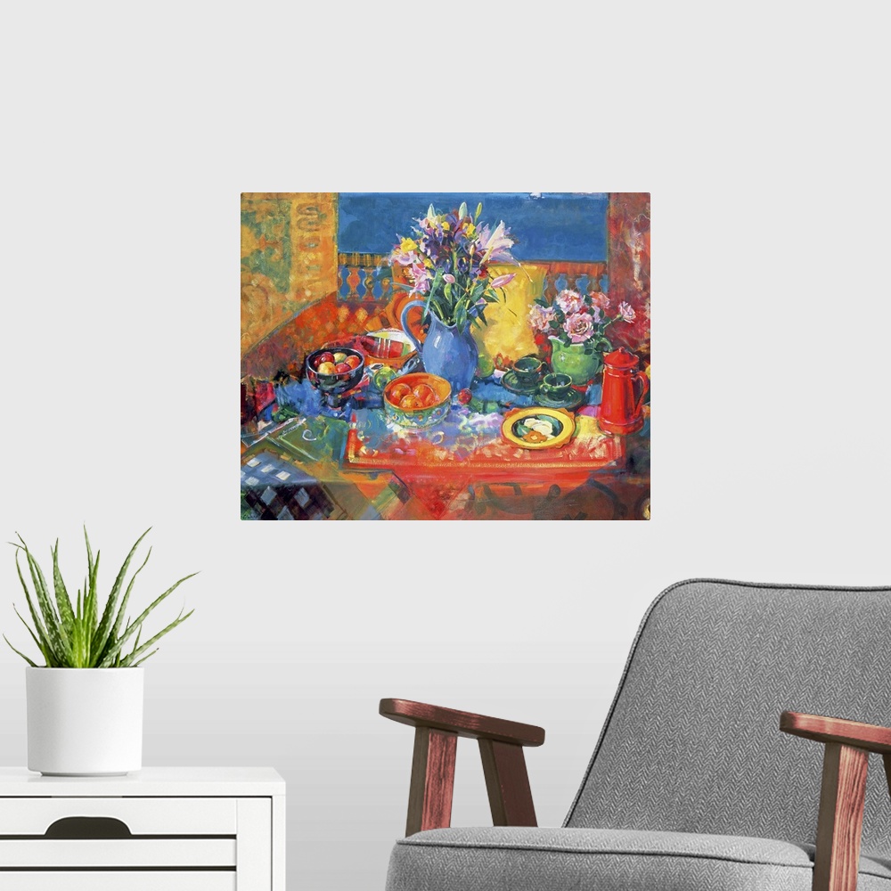 A modern room featuring This is a Giclee print of contemporary still life painting of flowers, fruit, patterned textiles,...