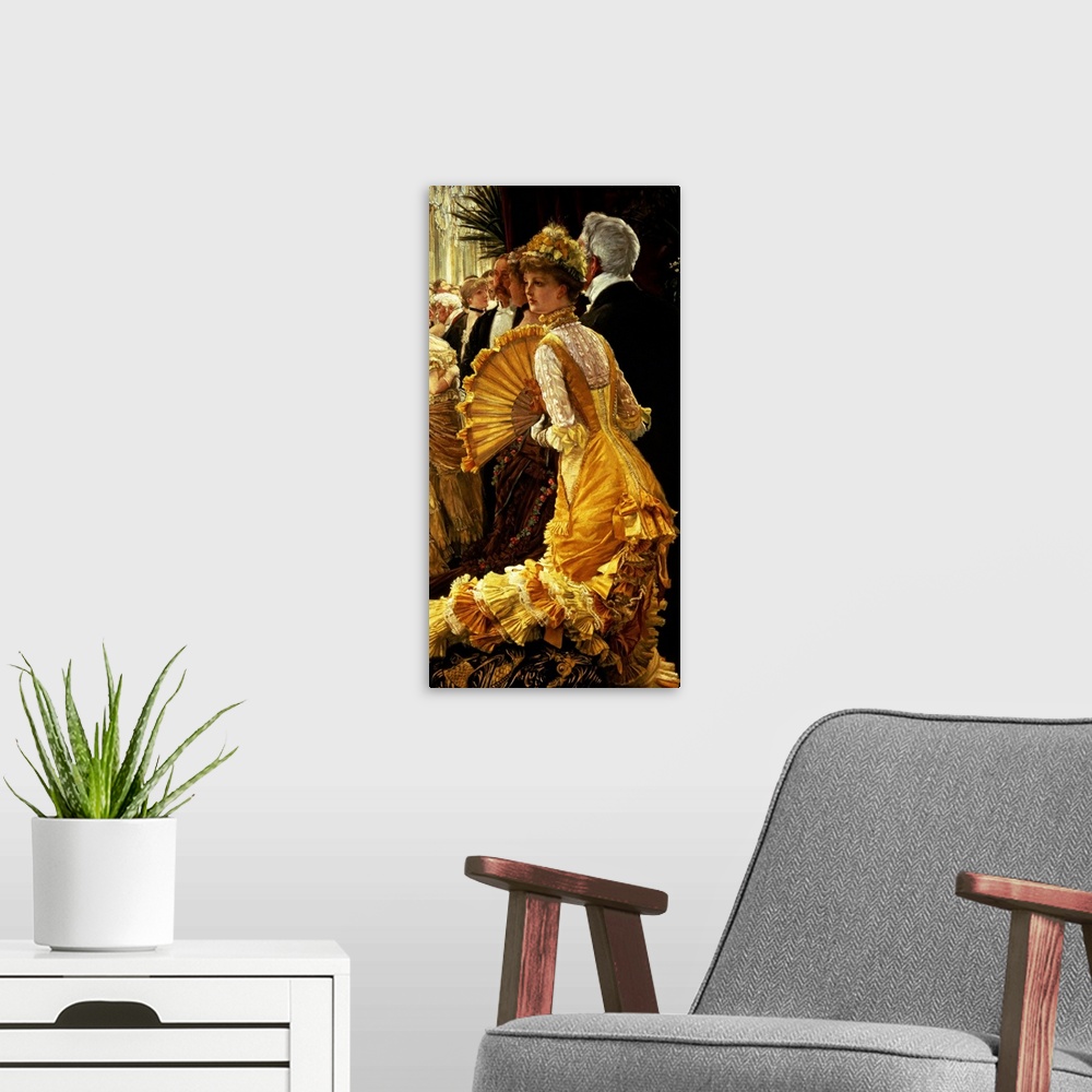 A modern room featuring Vertical, large wall painting of a woman dressed in an elaborate, ruffled gown and headpiece, hol...