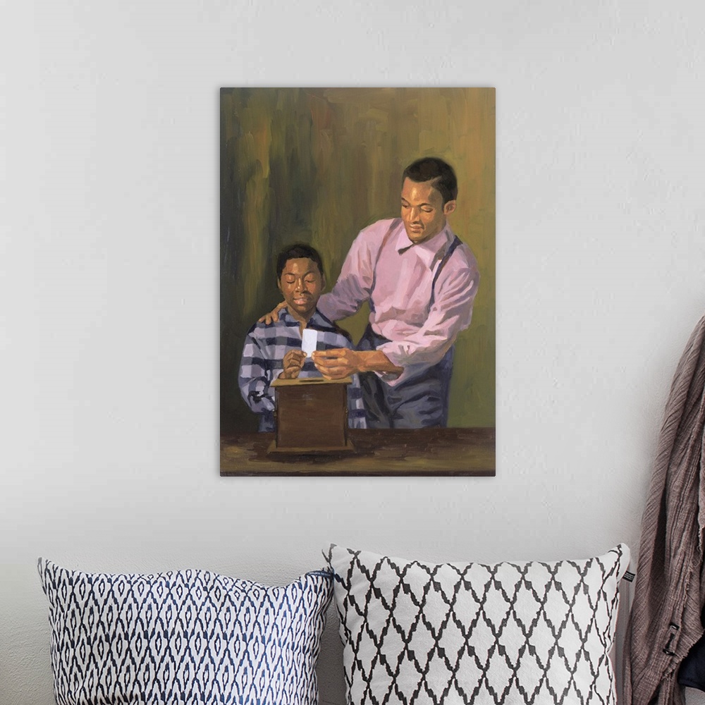 A bohemian room featuring Contemporary painting of an African American man helping his son place a ballot in a ballot box.