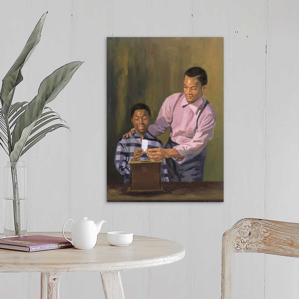 A farmhouse room featuring Contemporary painting of an African American man helping his son place a ballot in a ballot box.