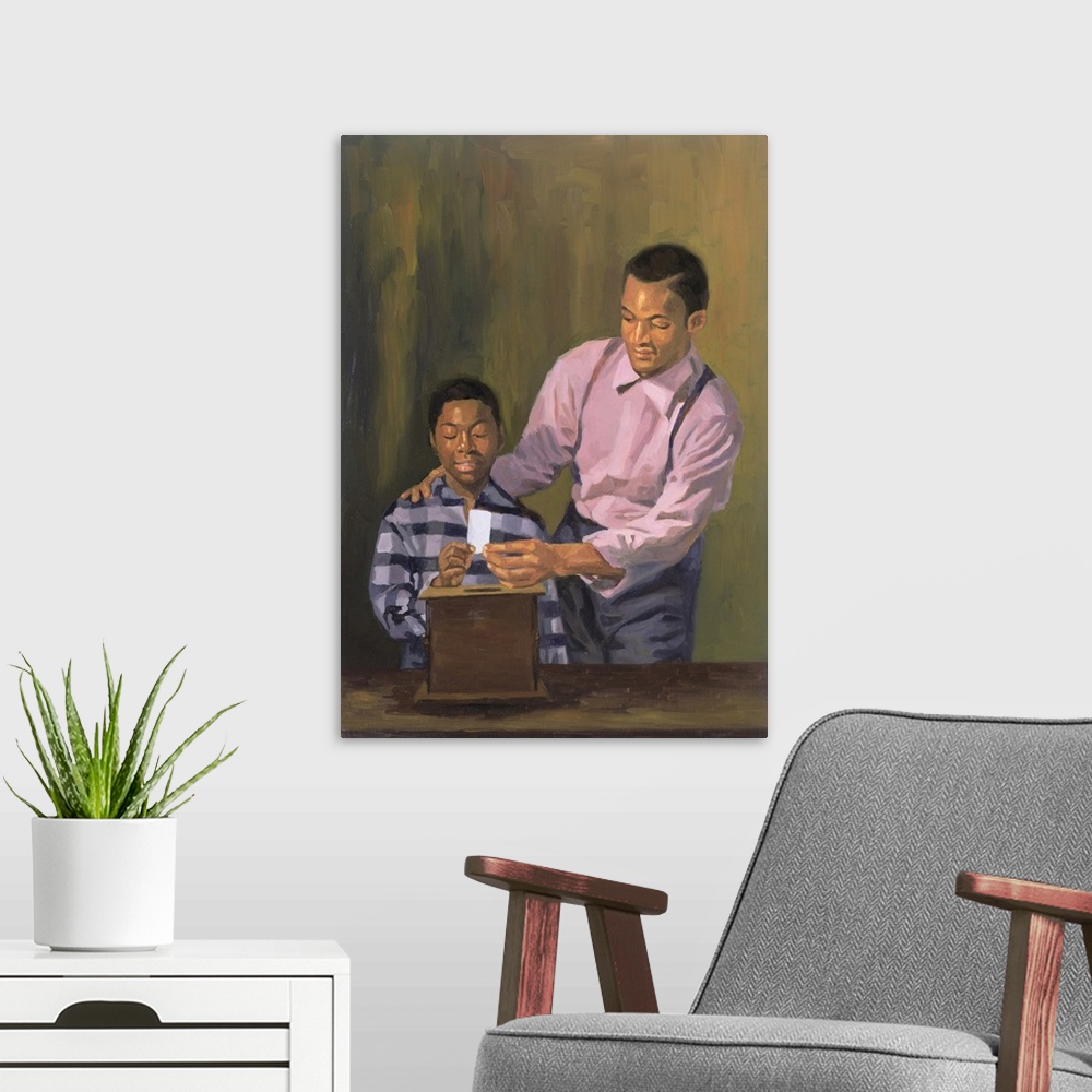 A modern room featuring Contemporary painting of an African American man helping his son place a ballot in a ballot box.