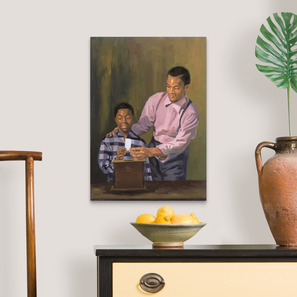 A traditional room featuring Contemporary painting of an African American man helping his son place a ballot in a ballot box.