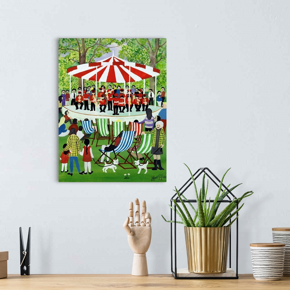 A bohemian room featuring Contemporary painting of a band playing under a tent in the park.