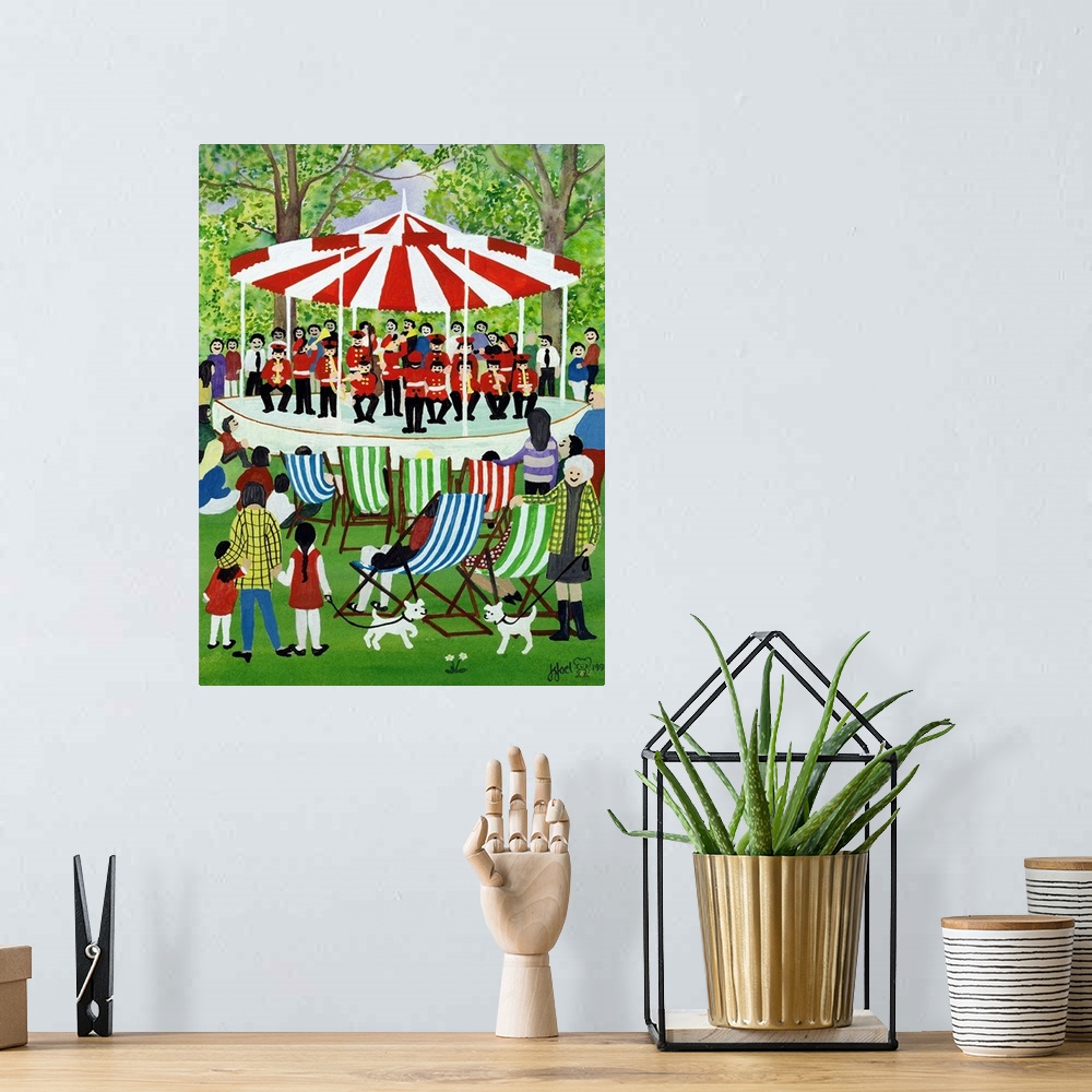A bohemian room featuring Contemporary painting of a band playing under a tent in the park.