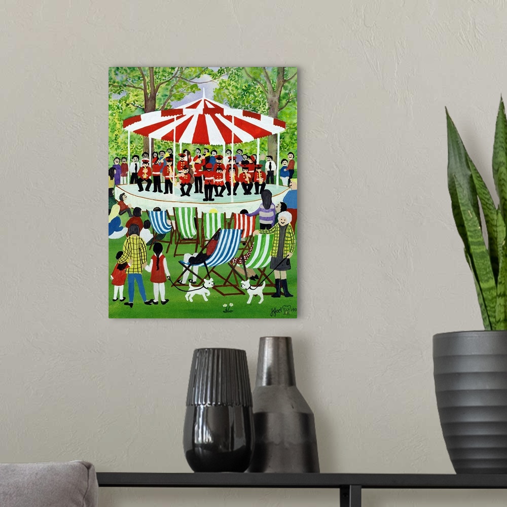 A modern room featuring Contemporary painting of a band playing under a tent in the park.