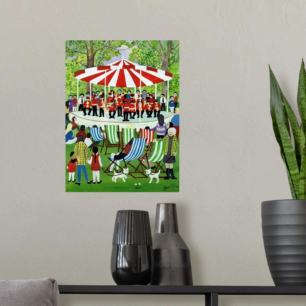 A modern room featuring Contemporary painting of a band playing under a tent in the park.
