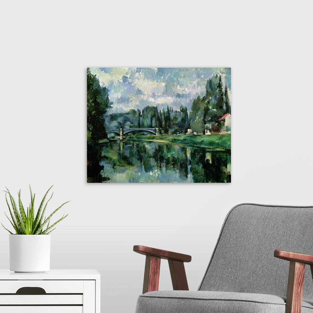 A modern room featuring Classical oil painting on canvas of a river with a bridge going across it with a dense forest and...