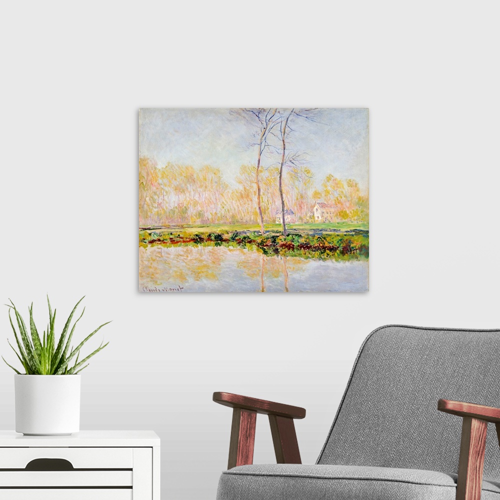 A modern room featuring Horizontal classic art on a large canvas of two tall, thin trees at the edge of the River Epte, a...
