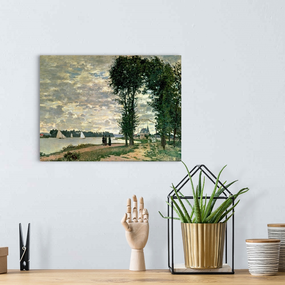 A bohemian room featuring This classic art piece shows three people standing on a path near a body of water that has sail b...