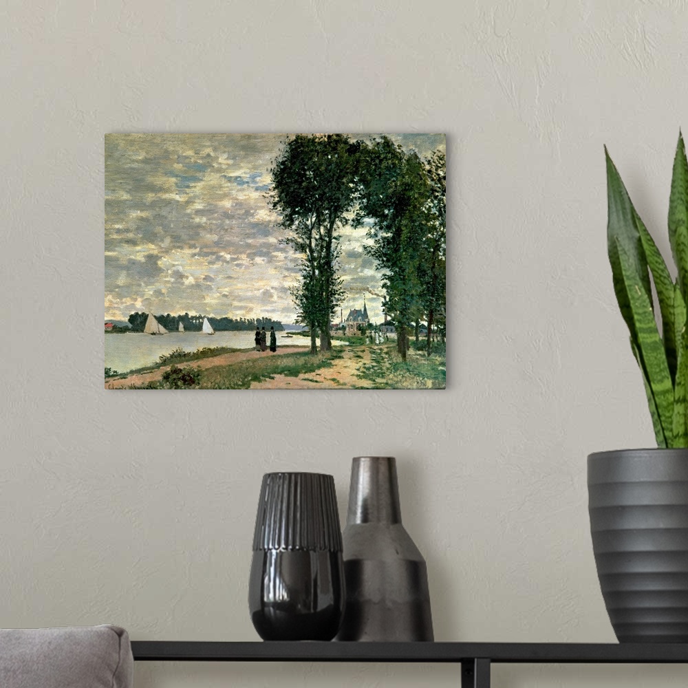 A modern room featuring This classic art piece shows three people standing on a path near a body of water that has sail b...