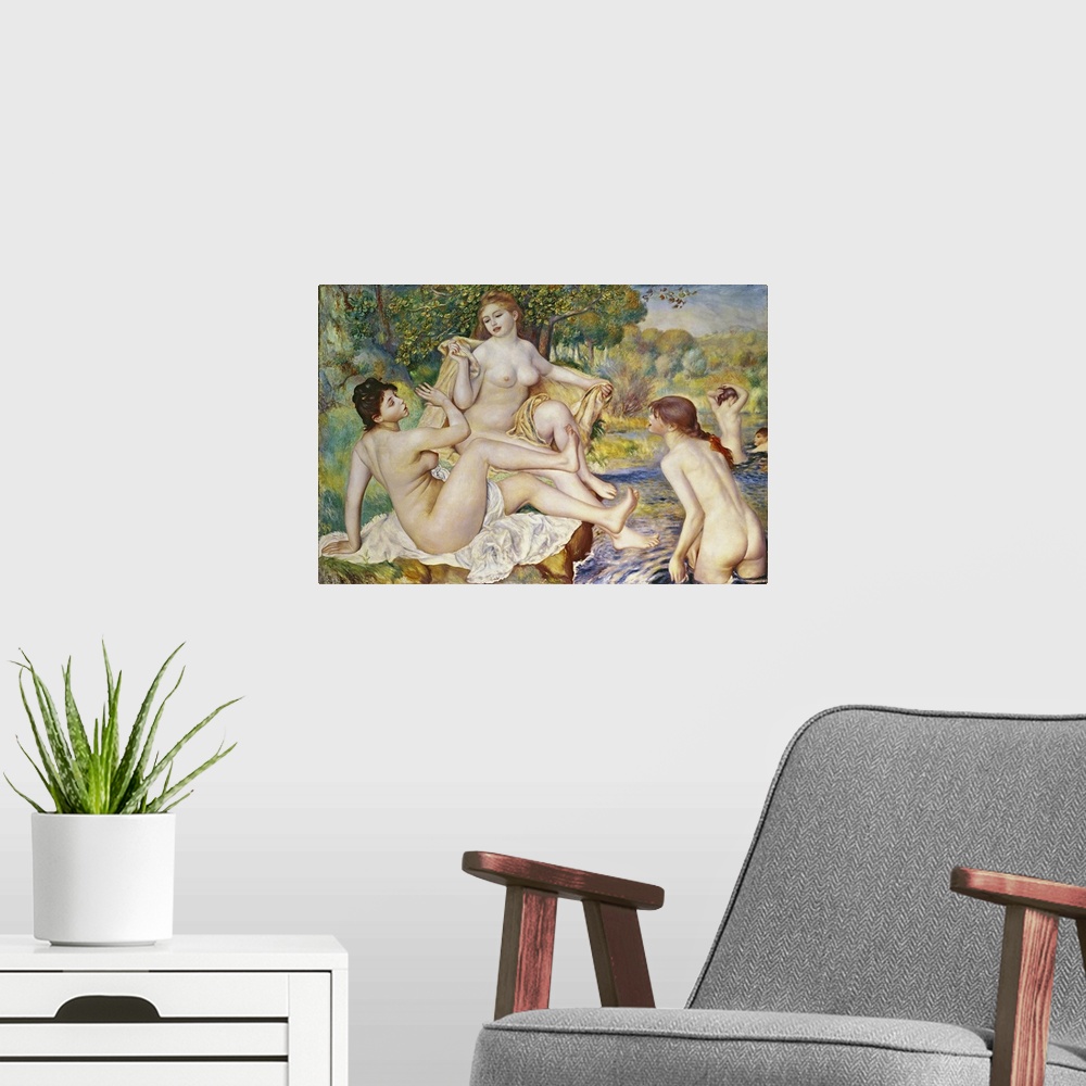 A modern room featuring Horizontal classic painting on a large wall hanging of a group of nude women bathing in water sur...