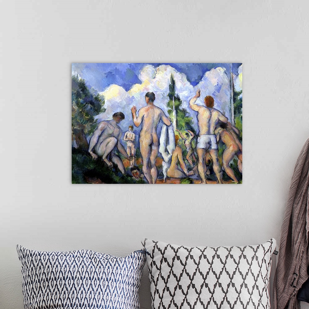 A bohemian room featuring Classical art painting of nude men bathing in the outdoors.