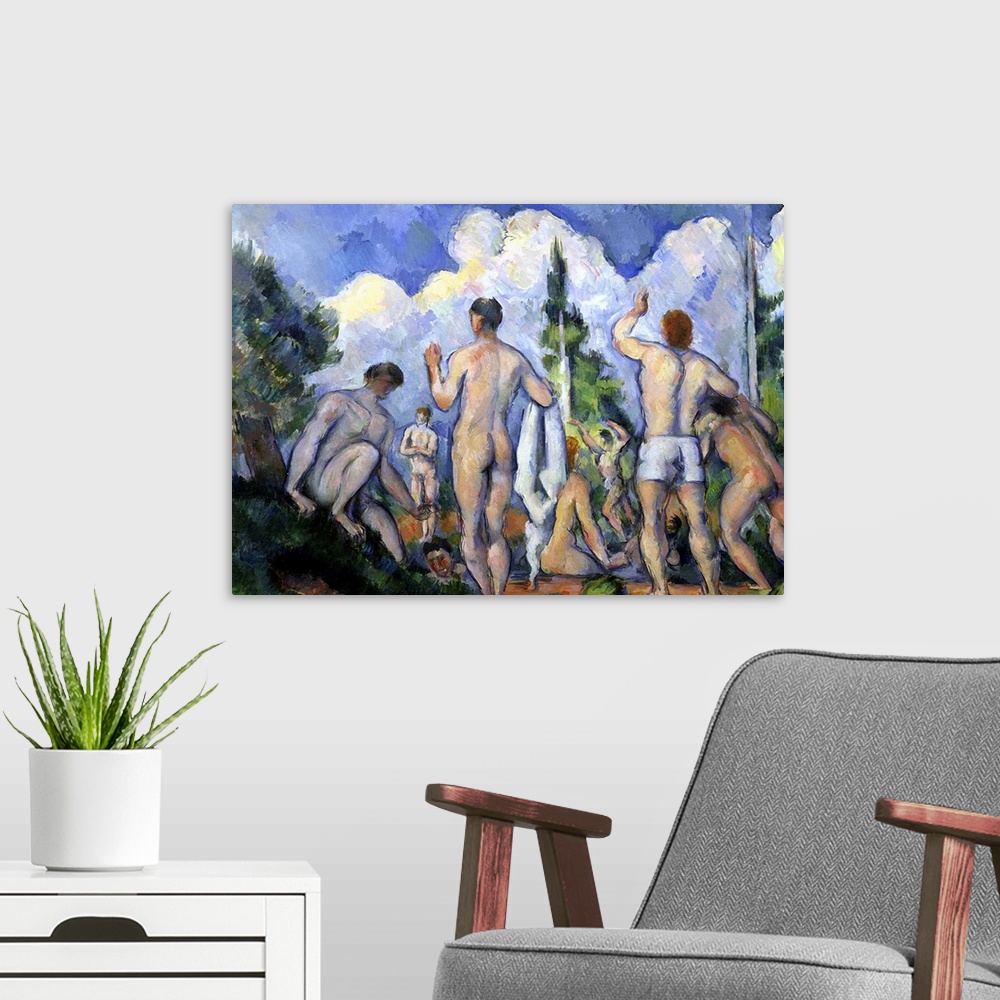 A modern room featuring Classical art painting of nude men bathing in the outdoors.