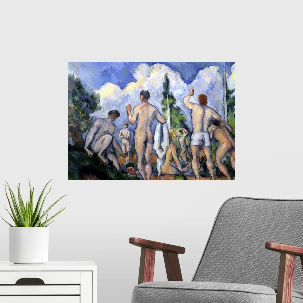 A modern room featuring Classical art painting of nude men bathing in the outdoors.