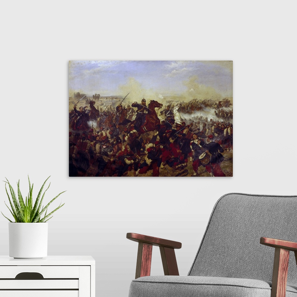 A modern room featuring XPH308484 The Battle of Mars de la Tour on the 16th August 1870, 1878 (oil on canvas); by Huenten...