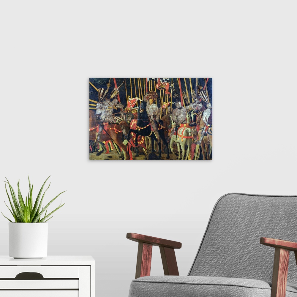 A modern room featuring XIR50485 The Battle of San Romano in 1432, c.1456 (oil on panel)  by Uccello, Paolo (1397-1475); ...