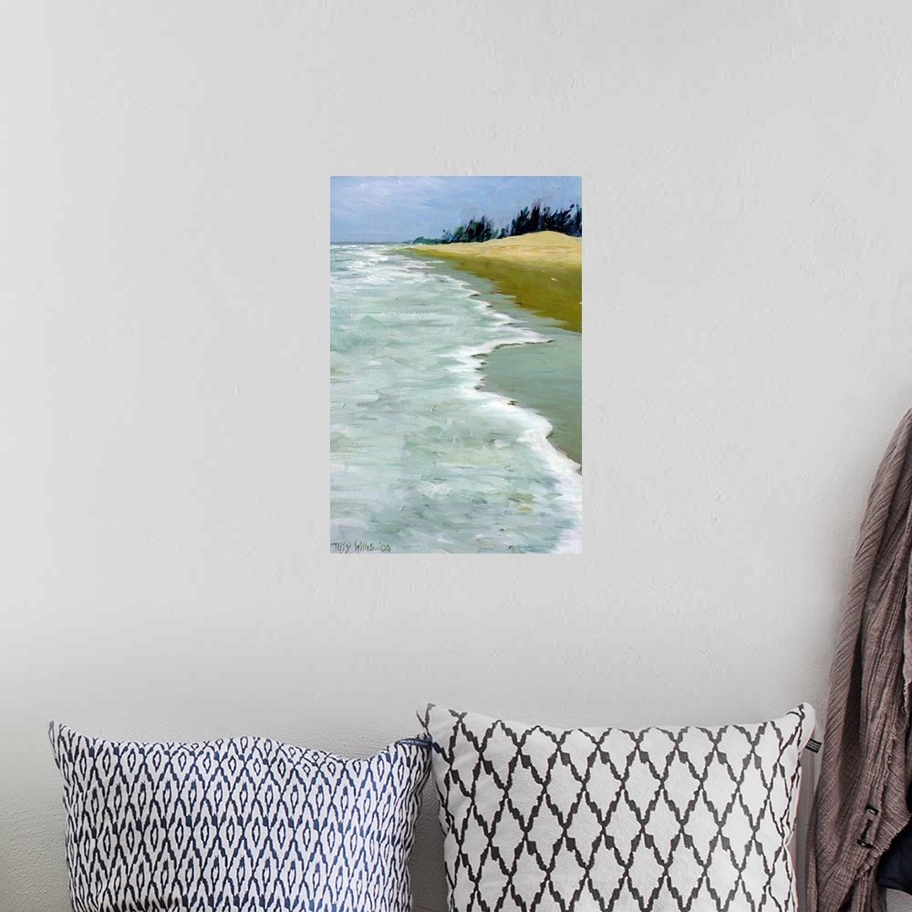 A bohemian room featuring This is a contemporary painting showing waves rocking against the shore of a sandy beach on a ver...