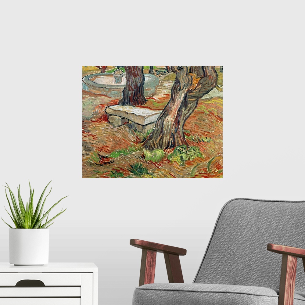 A modern room featuring Big, horizontal classic painting of a stone bench between two large trees in a grassy landscape, ...