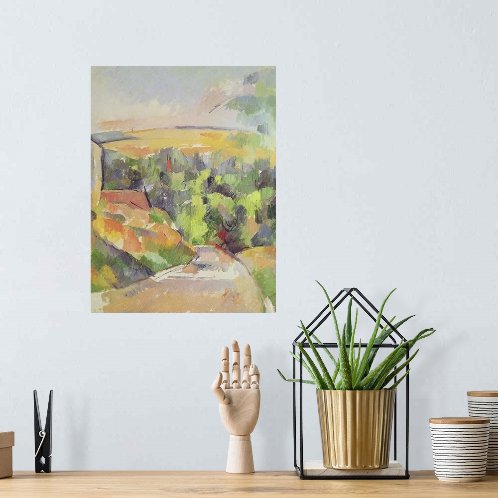 A bohemian room featuring Vertical, classic artwork on a large canvas of a winding road leading through a landscape of hill...