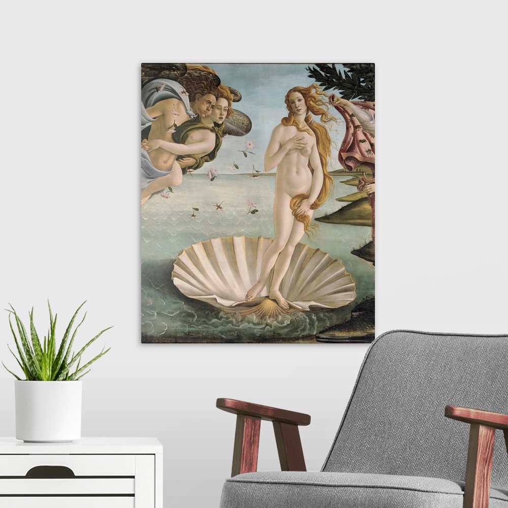 A modern room featuring Originally tempera on canvas. Detail of Venus Anadyomene, the goddess of love born from the sea f...