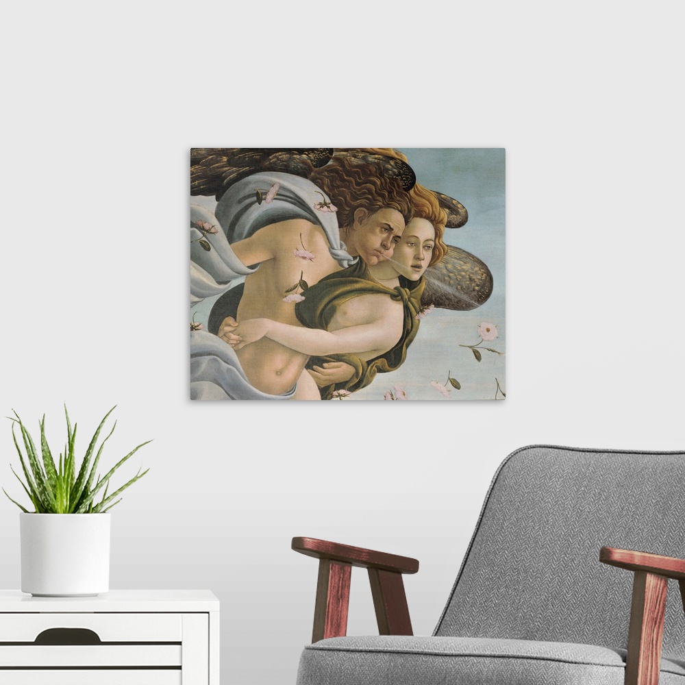 A modern room featuring Originally tempera on canvas. Detail of the wind god Zephyr and nymph Chloris blowing the goddess...
