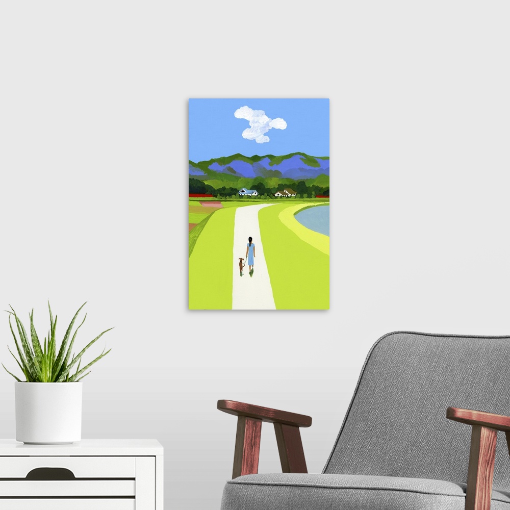 A modern room featuring The Blue Mountains And The Woman Walking With The Dog