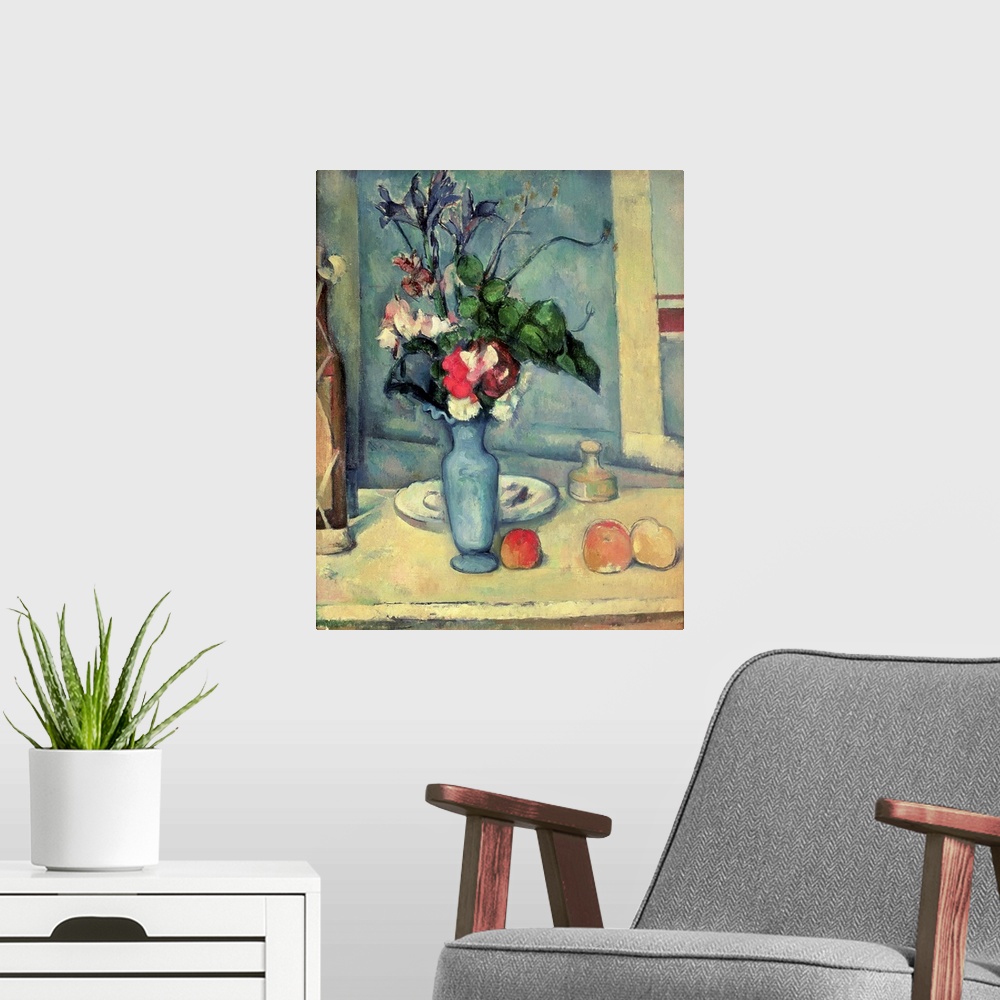 A modern room featuring Big canvas painting of a vase of flowers on a table with fruit, a bottle and a plate.