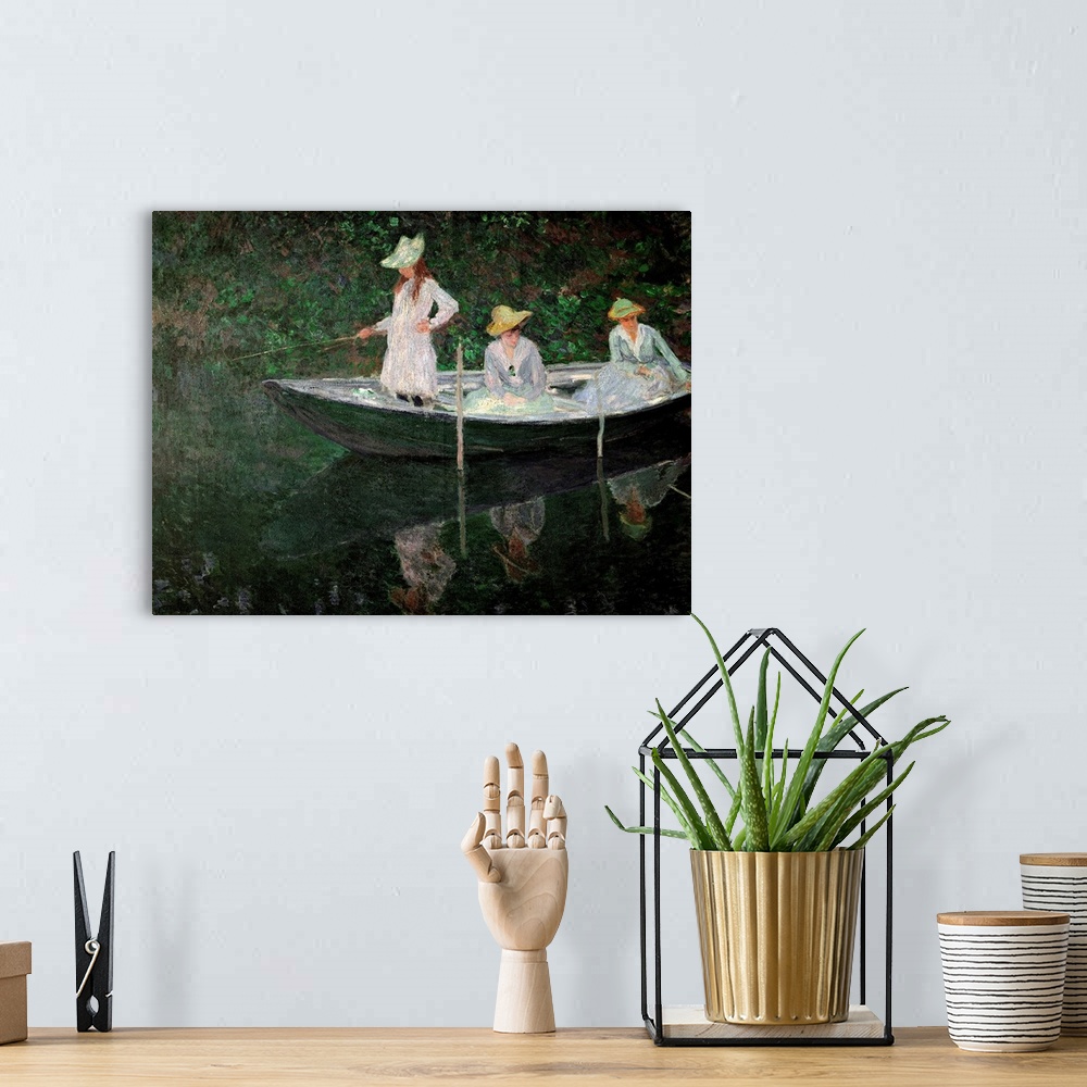 A bohemian room featuring Large, landscape classic painting of three women on a row boat in dresses and sun hats, two are s...