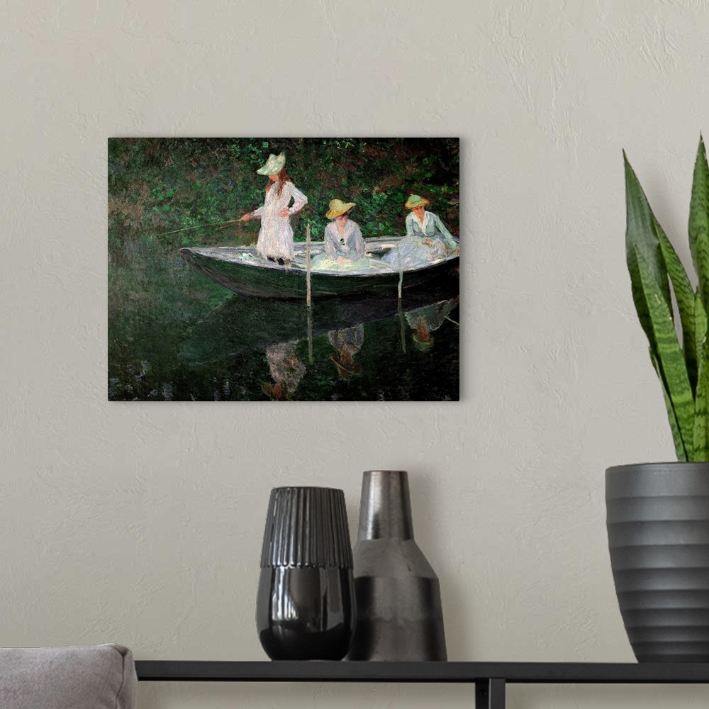 A modern room featuring Large, landscape classic painting of three women on a row boat in dresses and sun hats, two are s...