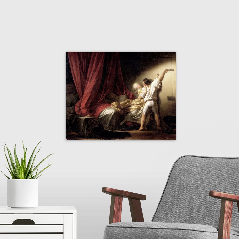 A modern room featuring XIR37496 The Bolt, c.1778 (oil on canvas)  by Fragonard, Jean-Honore (1732-1806); 73x93 cm; Louvr...