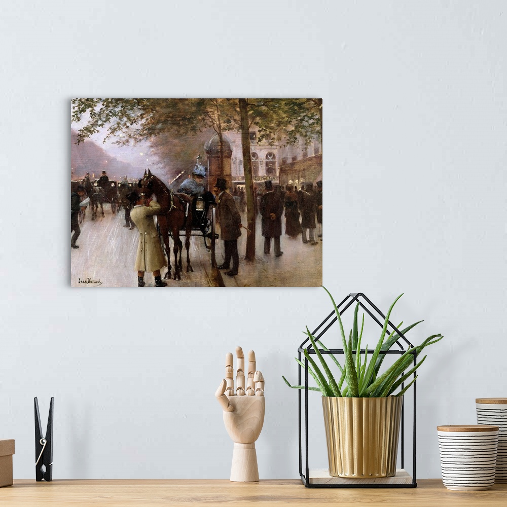 A bohemian room featuring Classical art painting of a busy French street at the turn of the century with horse drawn carria...
