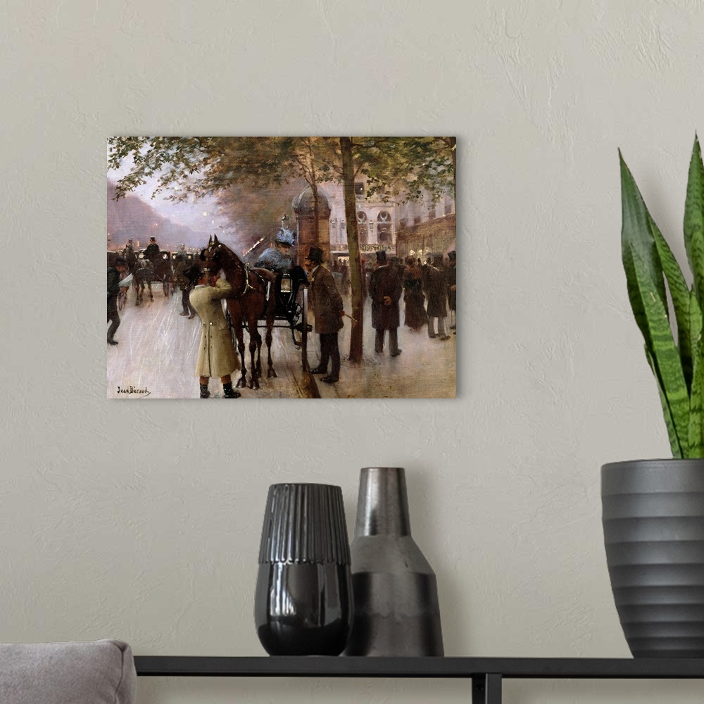 A modern room featuring Classical art painting of a busy French street at the turn of the century with horse drawn carria...