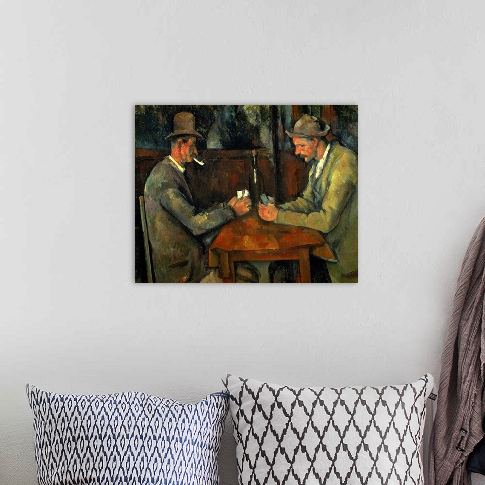 A bohemian room featuring Classical oil painting featuring two gentlemen with pipes and bowler hat sitting at a small table...