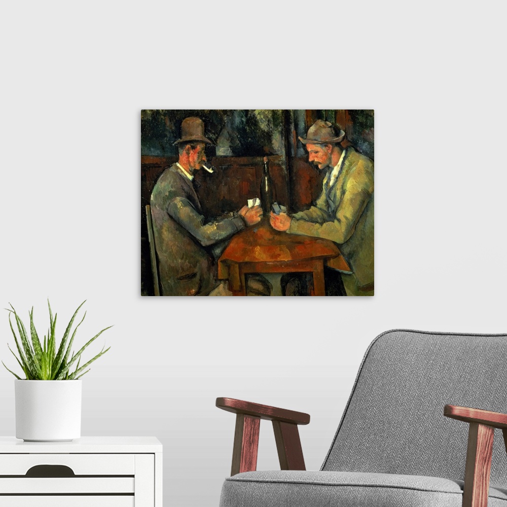A modern room featuring Classical oil painting featuring two gentlemen with pipes and bowler hat sitting at a small table...