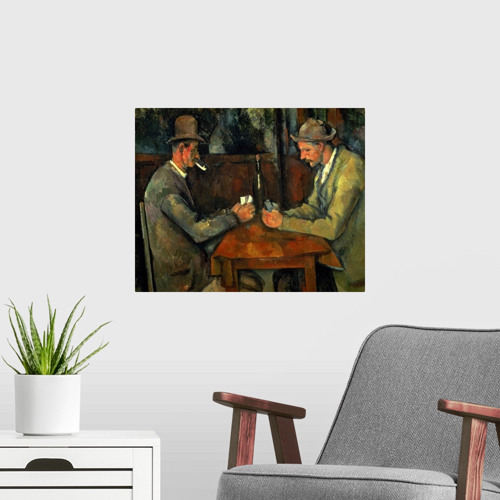 A modern room featuring Classical oil painting featuring two gentlemen with pipes and bowler hat sitting at a small table...