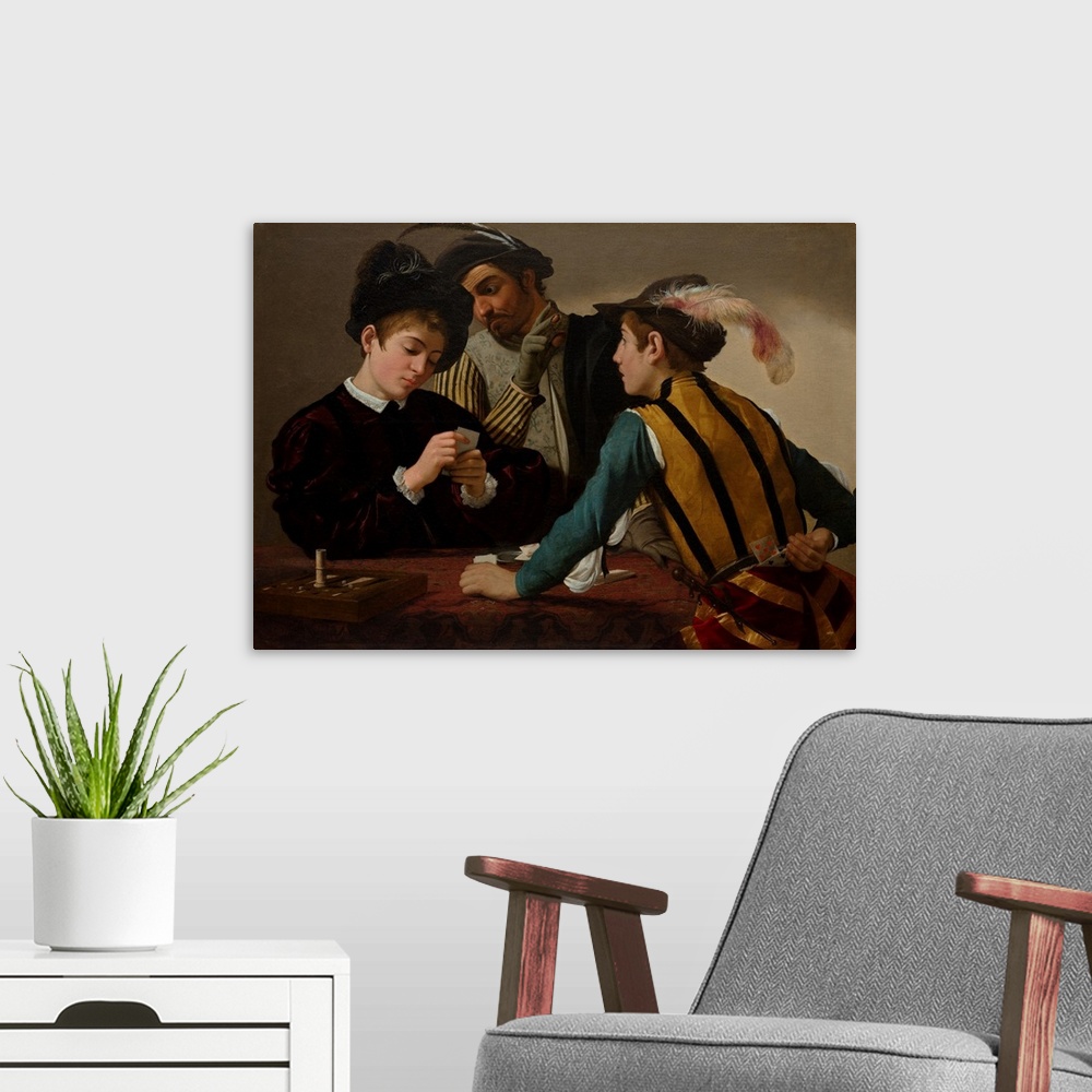A modern room featuring The Cardsharps, c.1595. Originally oil on canvas.