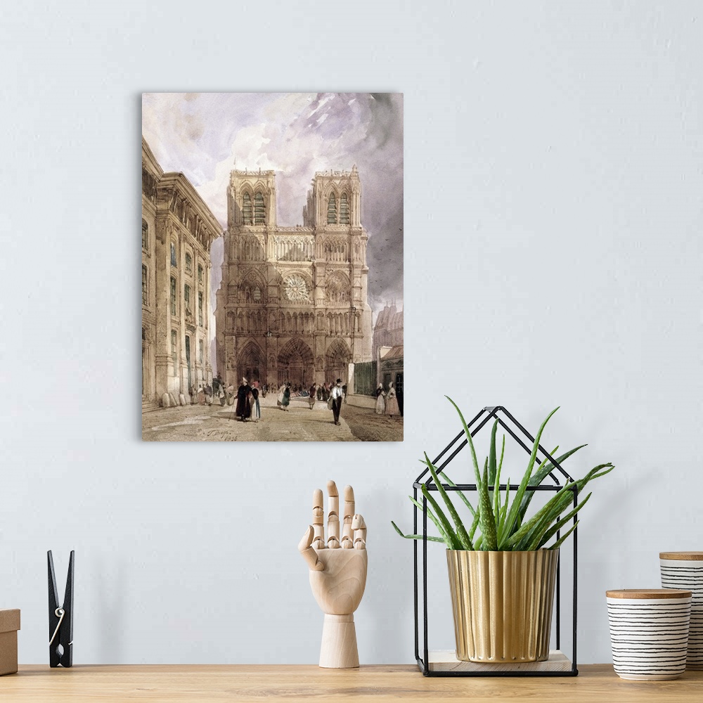 A bohemian room featuring Tall illustration on canvas of Notre Dame with people walking through the streets.
