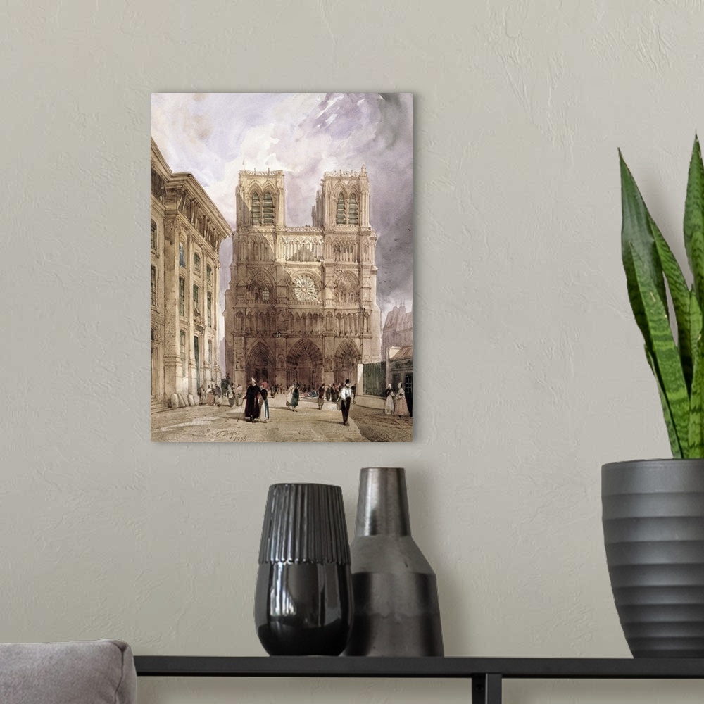A modern room featuring Tall illustration on canvas of Notre Dame with people walking through the streets.