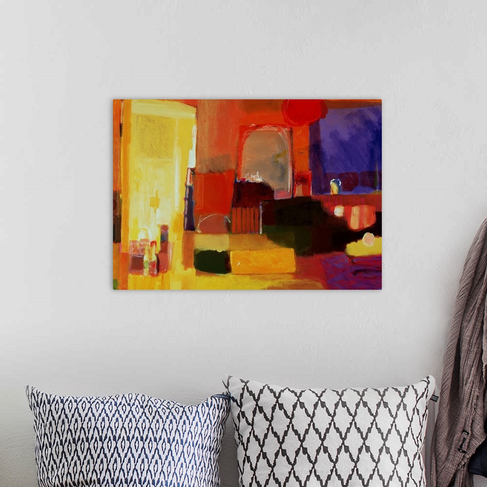 A bohemian room featuring Abstract painting of a make up room represented with bright colors.