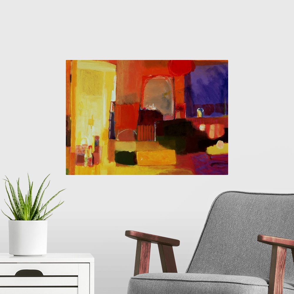 A modern room featuring Abstract painting of a make up room represented with bright colors.