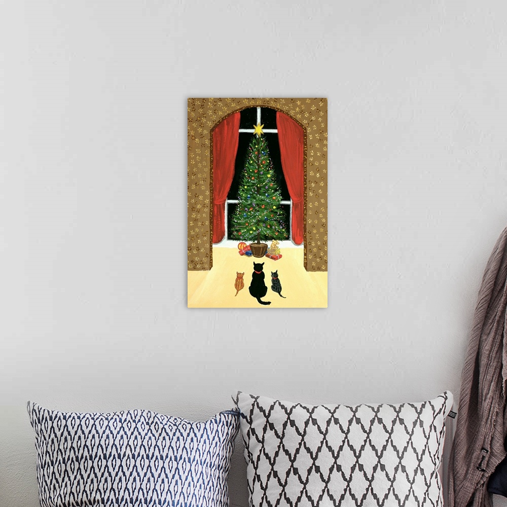 A bohemian room featuring Contemporary painting of three cats waiting next to the Christmas tree.