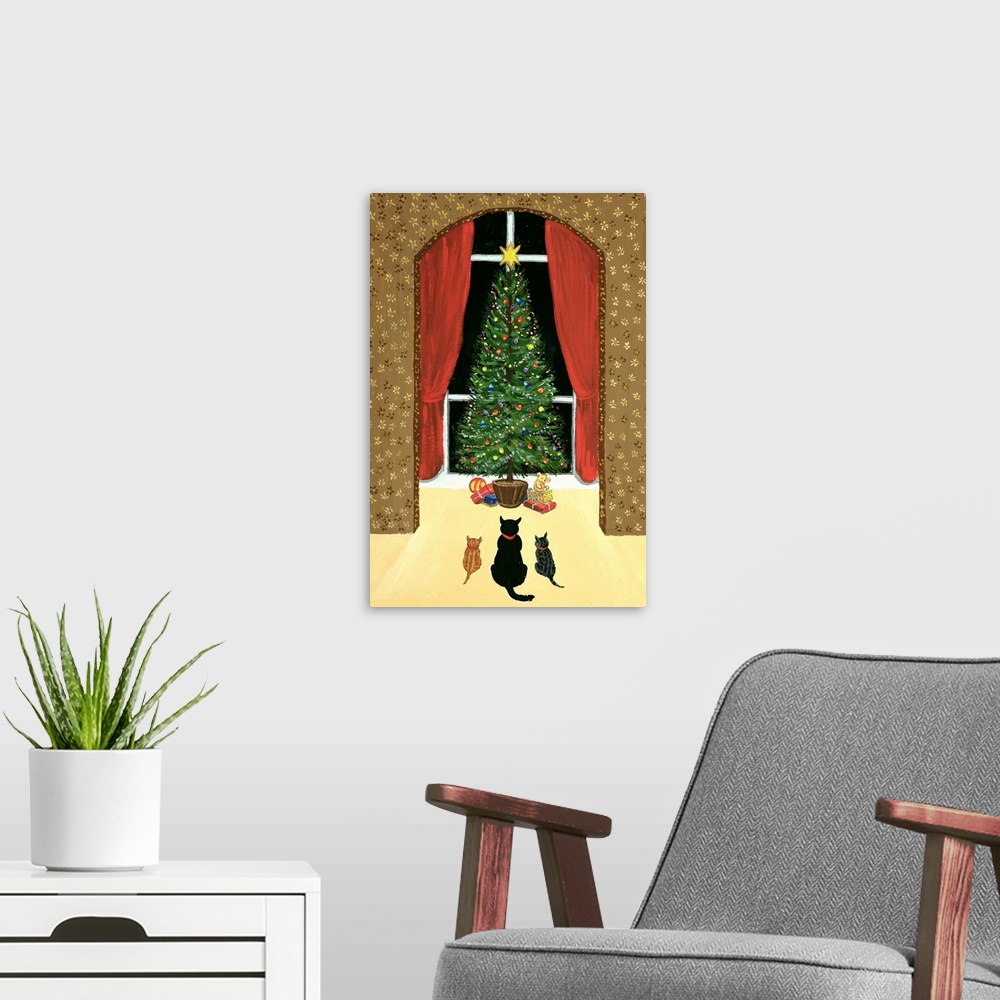 A modern room featuring Contemporary painting of three cats waiting next to the Christmas tree.