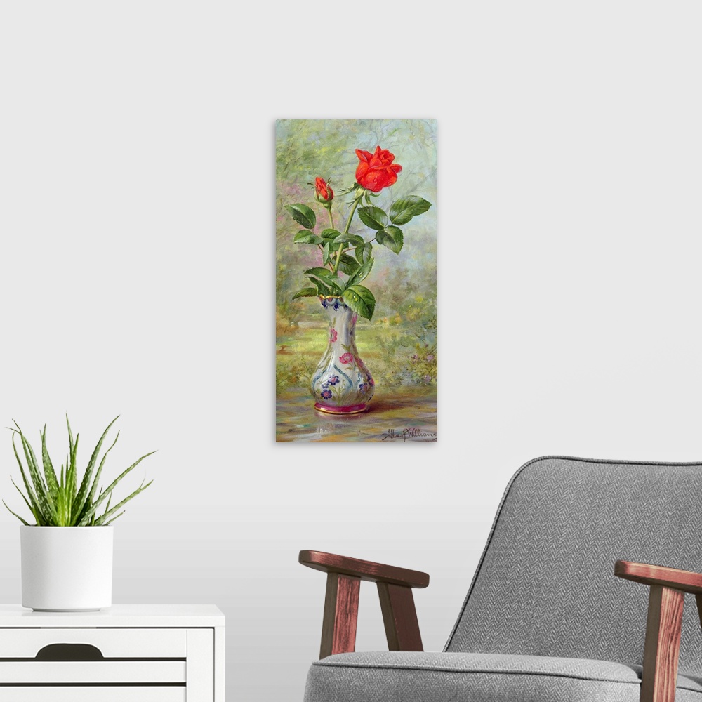 A modern room featuring The Crimson Rose, a Messenger of Love