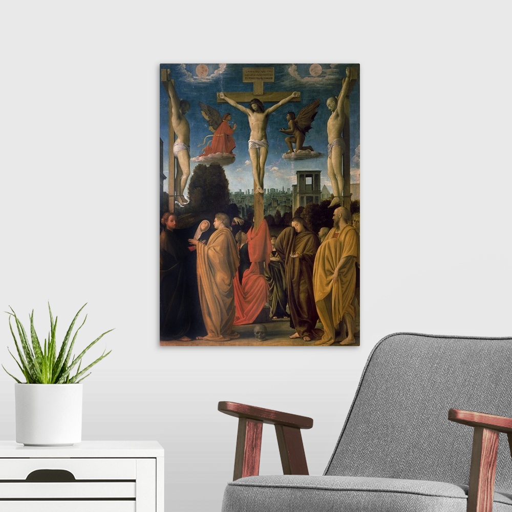 A modern room featuring The Crucifixion
