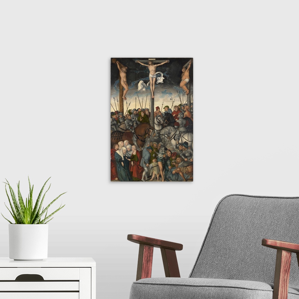 A modern room featuring The Crucifixion, 1538, oil on panel.