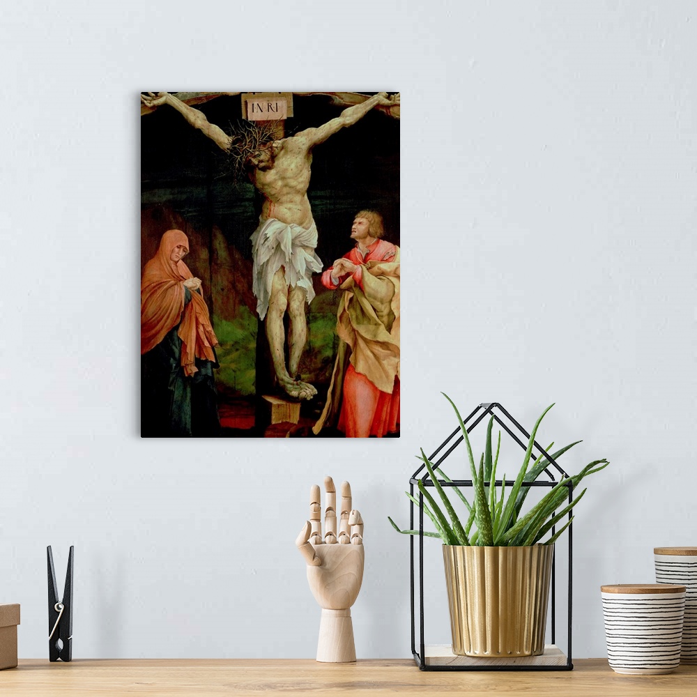 A bohemian room featuring XIR209259 The Crucifixion, c.1525 (oil on panel) by Grunewald, Matthias (Mathis Nithart Gothart) ...